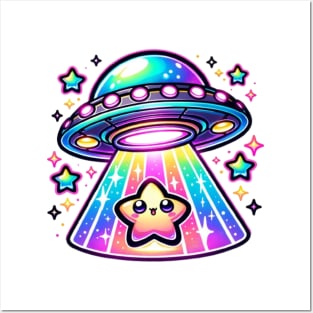 Kawaii Neon Ufo Abducting a Cute Chibi Star Posters and Art